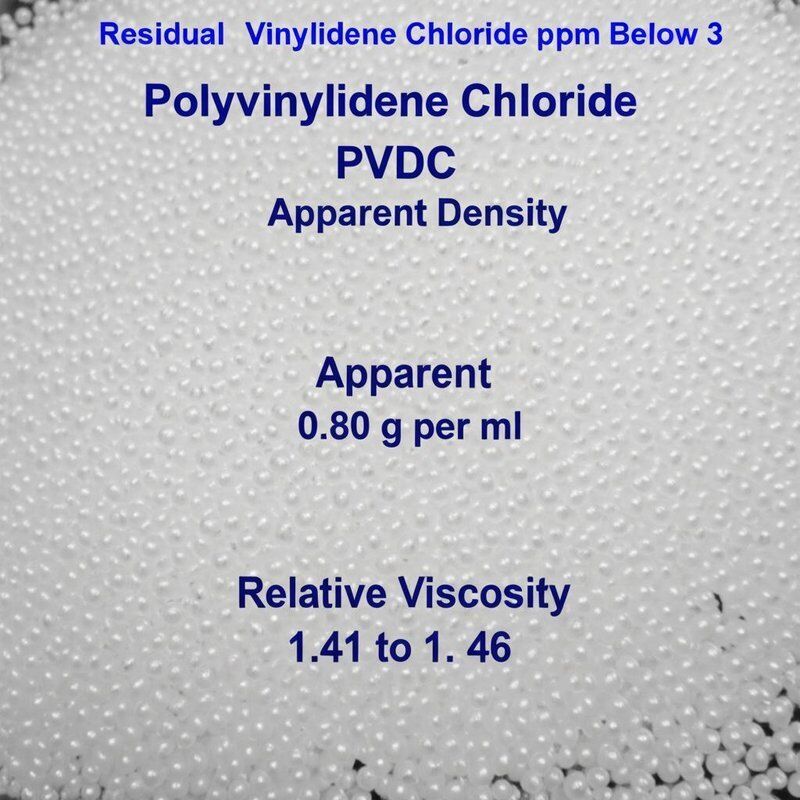 Residual Vinylidene Chloride ppm Below 3 Polyvinylidene Chloride PVDC Apparent Density 0.80 g per ml Relative Viscosity 1.41 to 1.46